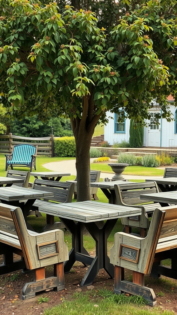 A rustic wooden table surrounded by vintage chairs under a tree in a farmhouse garden.