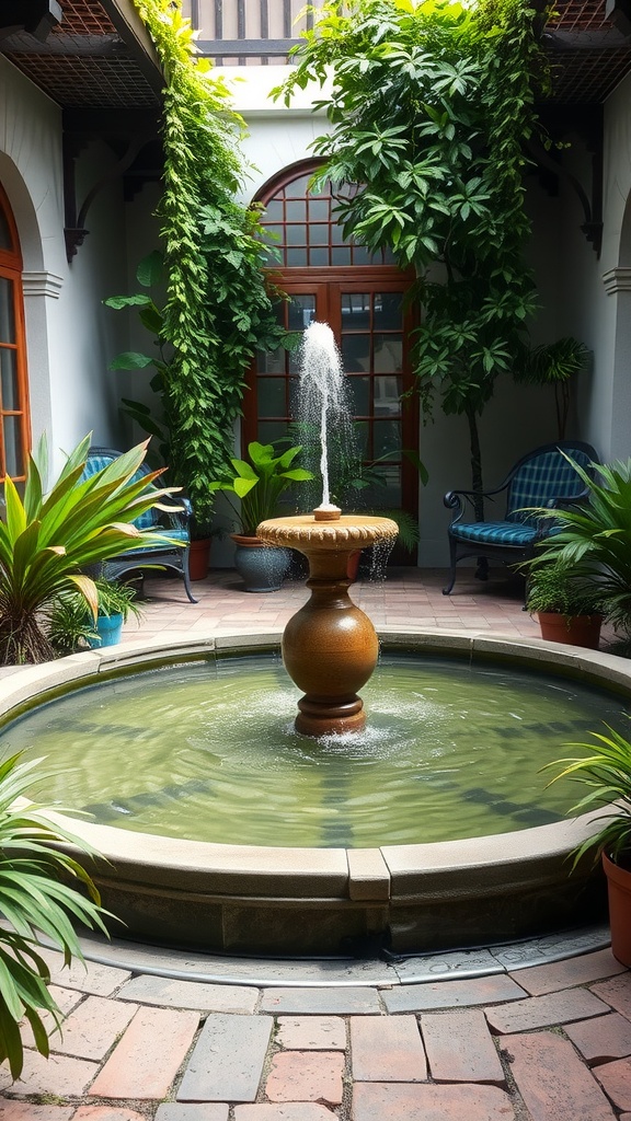 Small courtyard garden with a central fountain surrounded by plants and seating