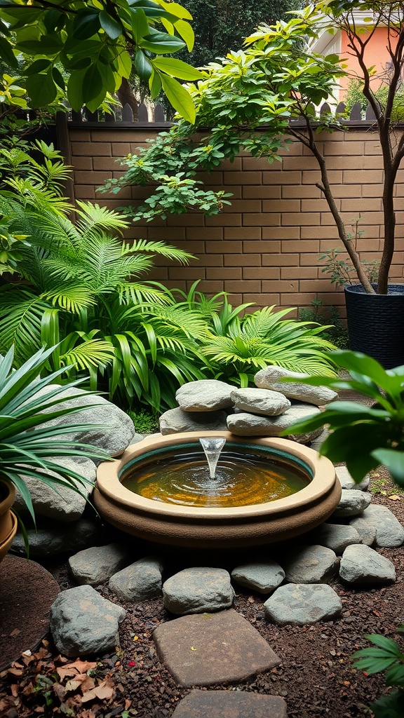 A tranquil water fountain surrounded by lush greenery and smooth stones in a side yard.