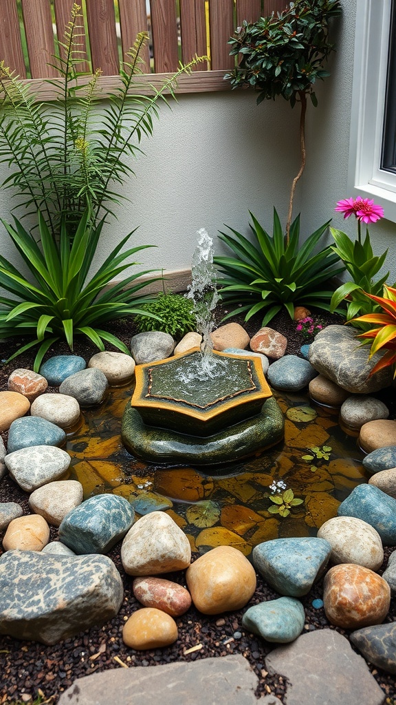 A small water fountain surrounded by colorful stones and plants in a side yard.