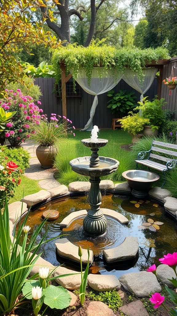 A beautiful garden featuring a fountain surrounded by colorful flowers and lush greenery.