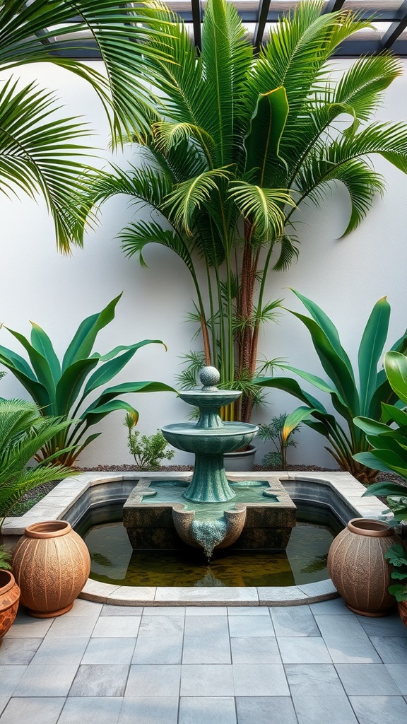 A tranquil garden space featuring a decorative fountain surrounded by tropical plants.