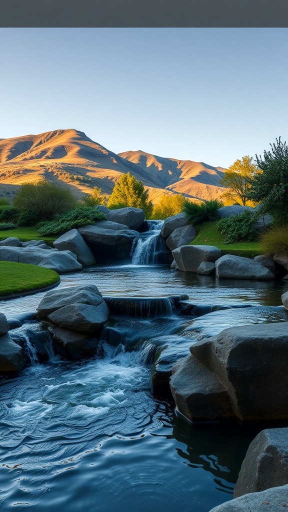 A serene landscape with a waterfall and pond surrounded by lush greenery and rocks.