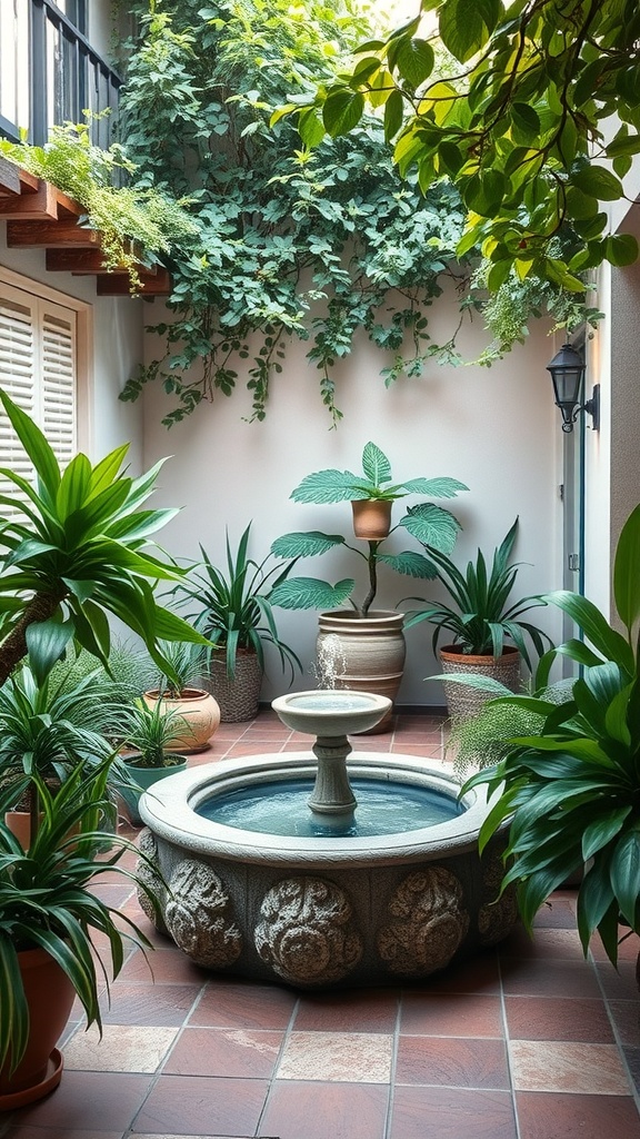 A serene patio garden with a decorative fountain surrounded by green plants.