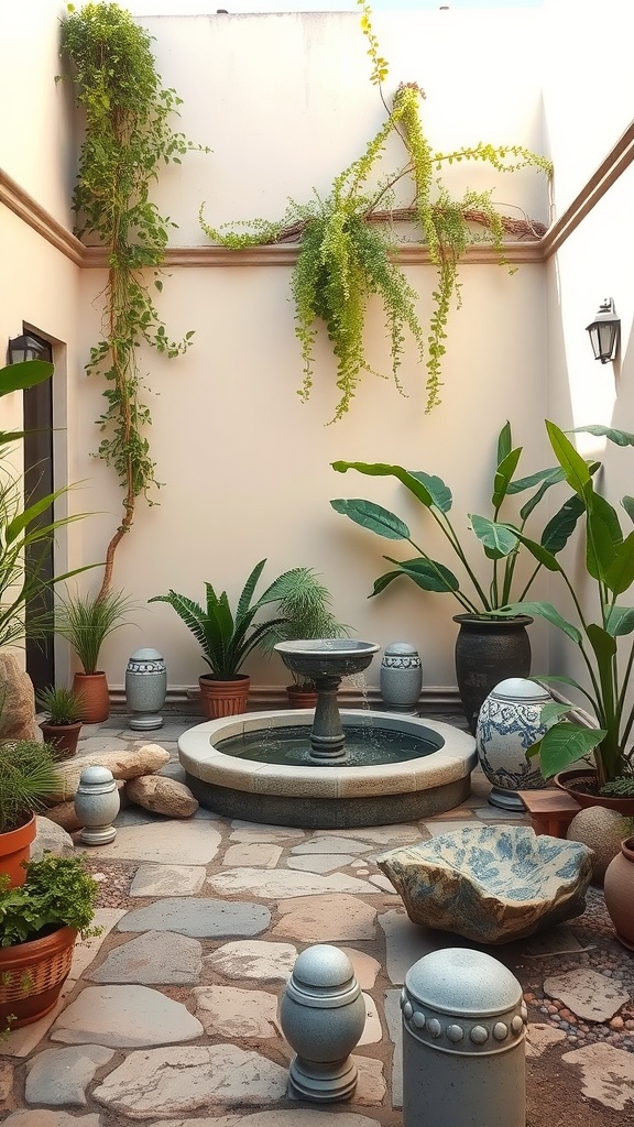 A serene small courtyard featuring a central fountain surrounded by lush plants and decorative pots.