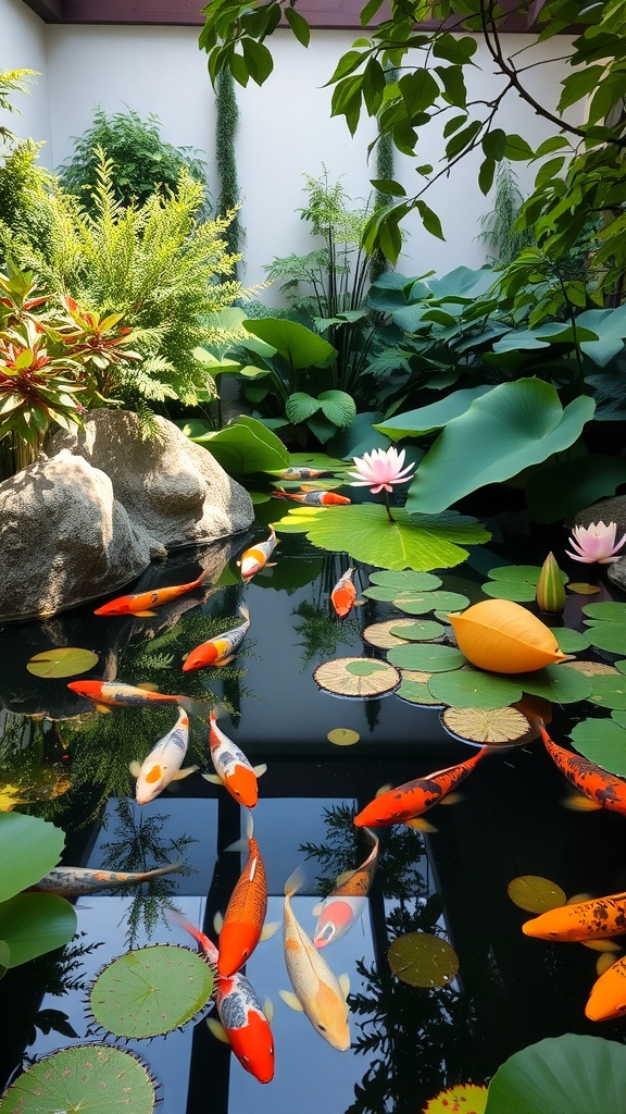 A serene pond with koi fish, lily pads, and lush greenery.