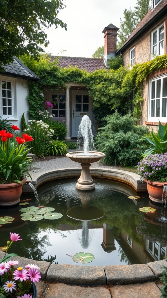 A serene cottage garden featuring a fountain surrounded by colorful flowers and lush green plants.