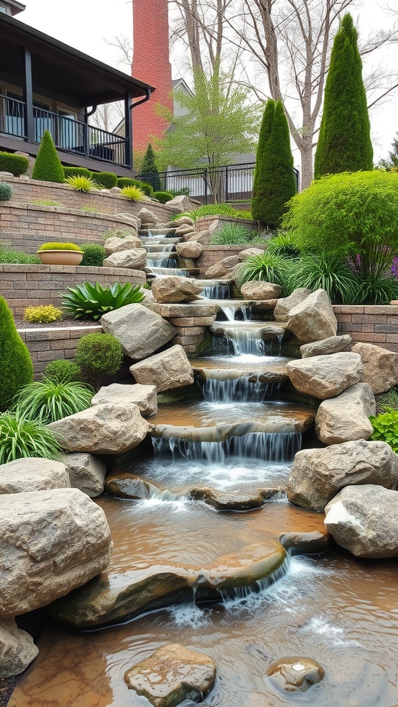 A serene sloped backyard featuring a multi-tiered waterfall surrounded by stones and plants.