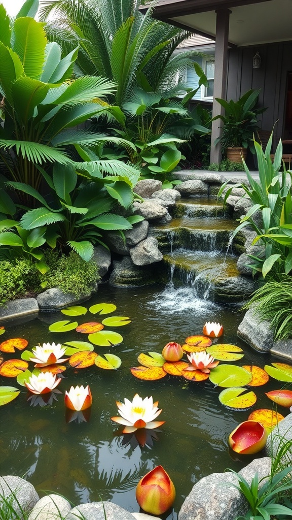 A serene waterfall surrounded by tropical plants and lily pads in Florida landscaping.