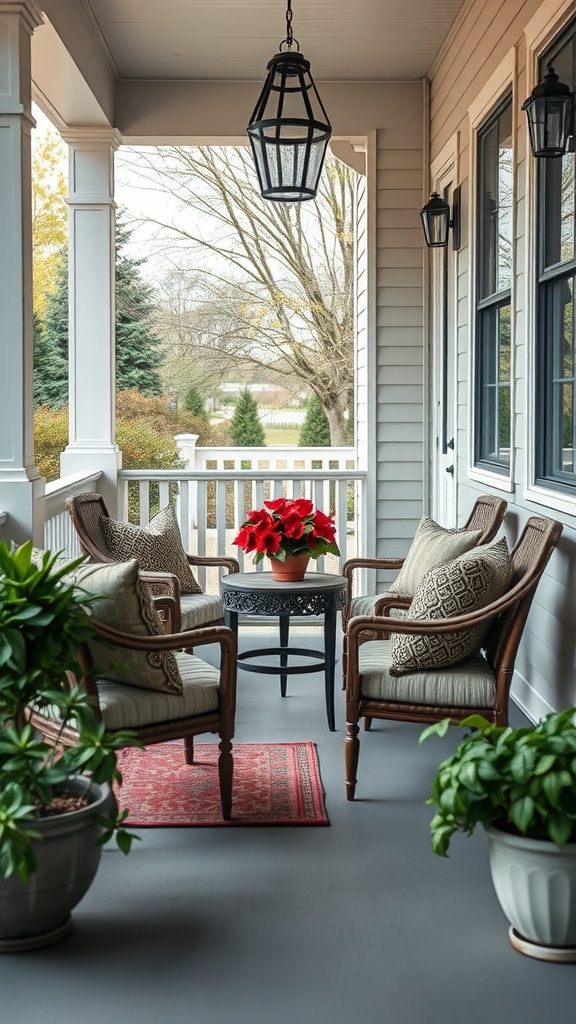 A cozy front porch with two chairs, a small table, vibrant plants, and a lantern.