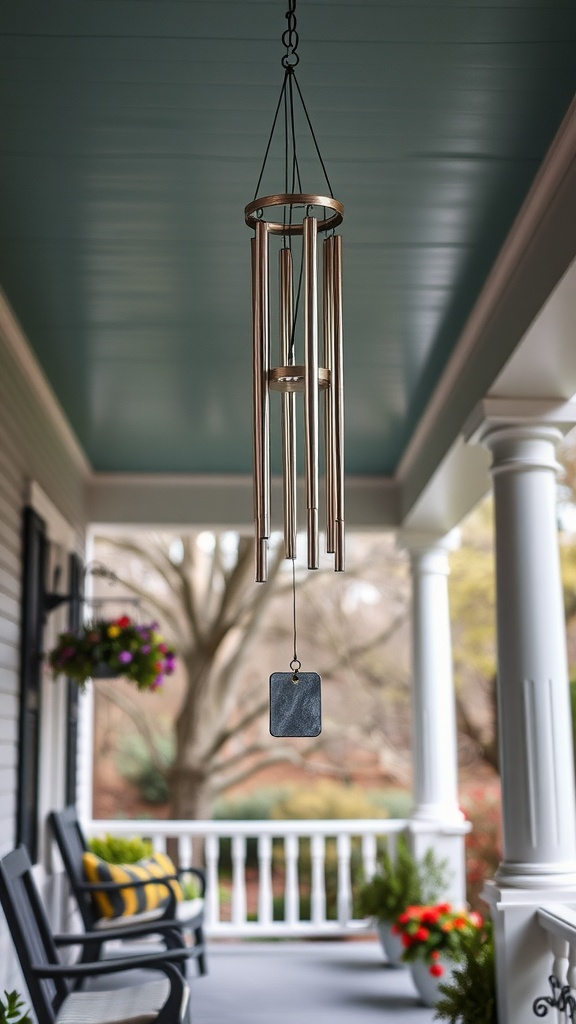 A set of elegant wind chimes hanging from a porch, with colorful flower pots and seating nearby.