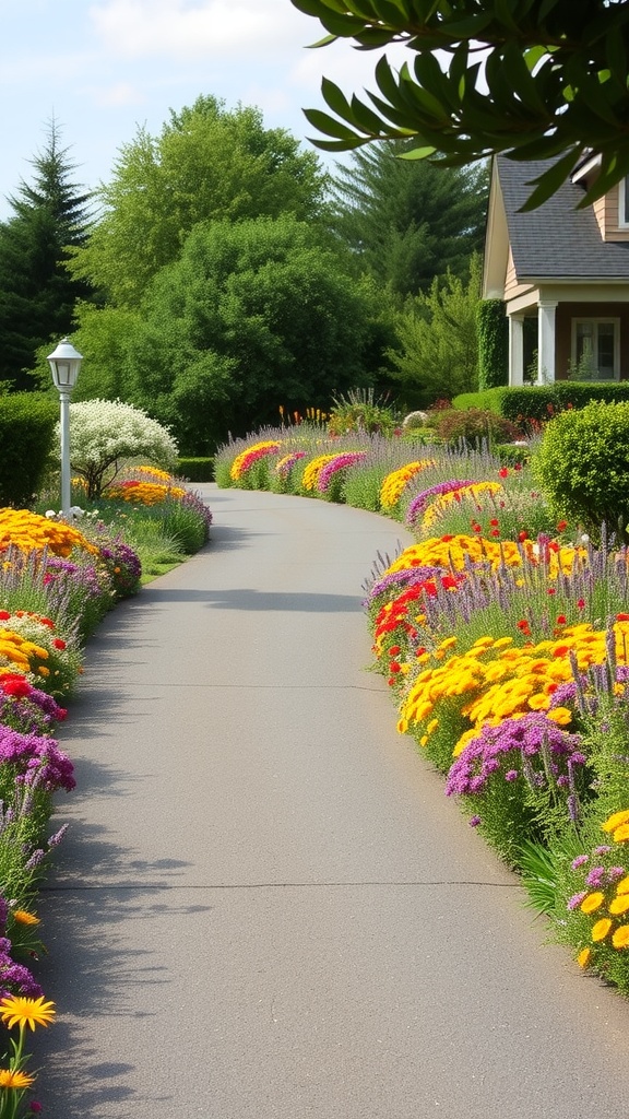 Colorful wildflower border along a driveway