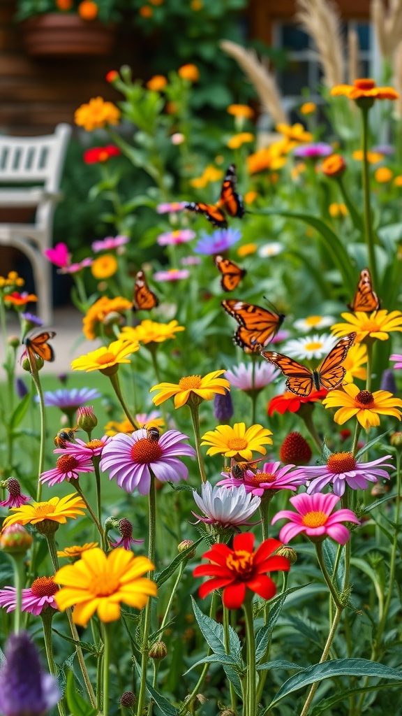 A colorful wildflower garden with butterflies and various blooms.