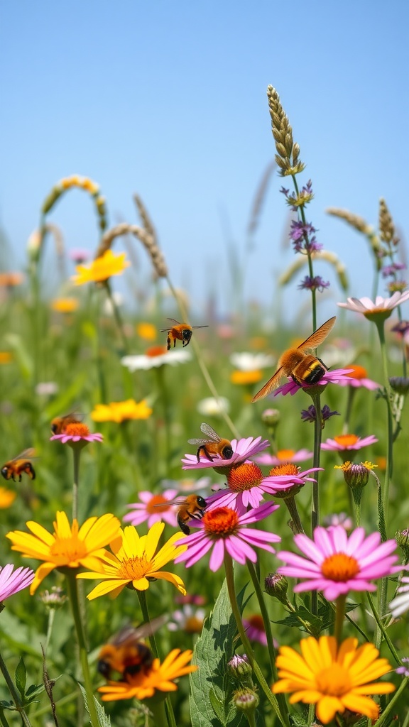 A vibrant wildflower garden filled with pink, yellow, and white flowers, along with bees and a butterfly.