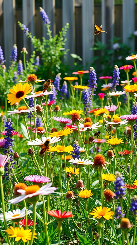 A colorful wildflower meadow with various flowers and bees