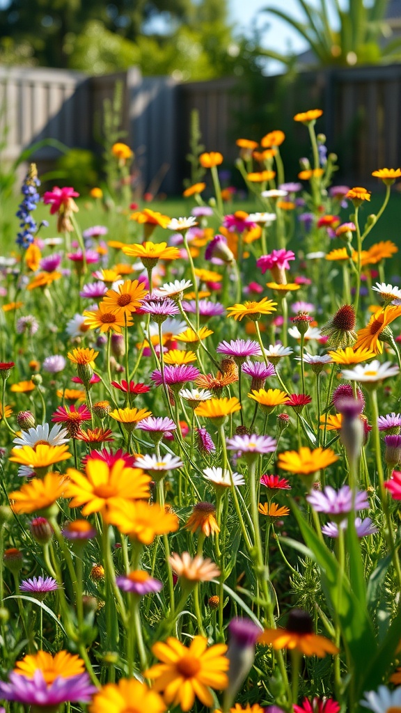 A colorful wildflower meadow filled with various blooming flowers.