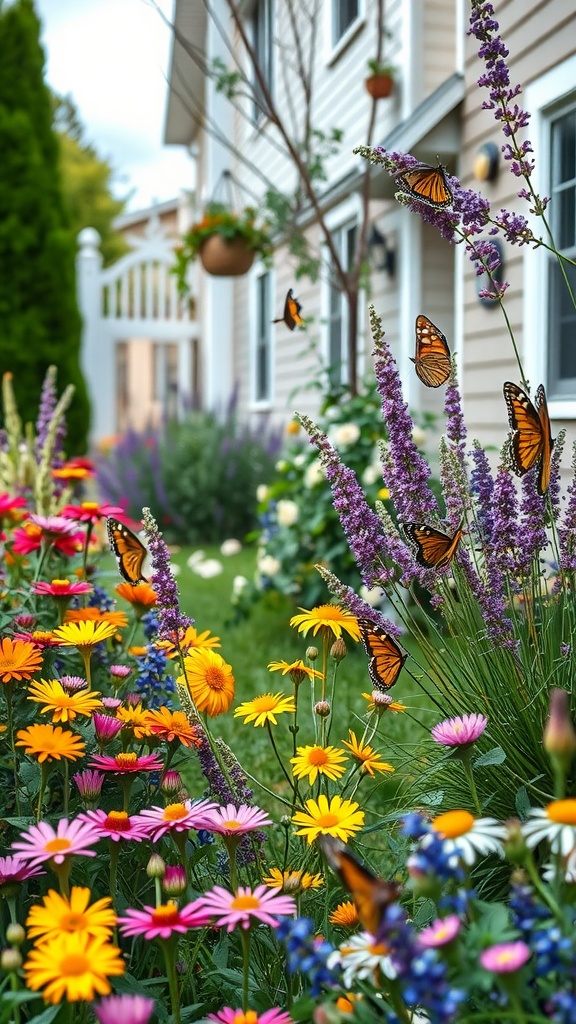 A colorful wildflower meadow with blooming flowers and butterflies in a side yard.