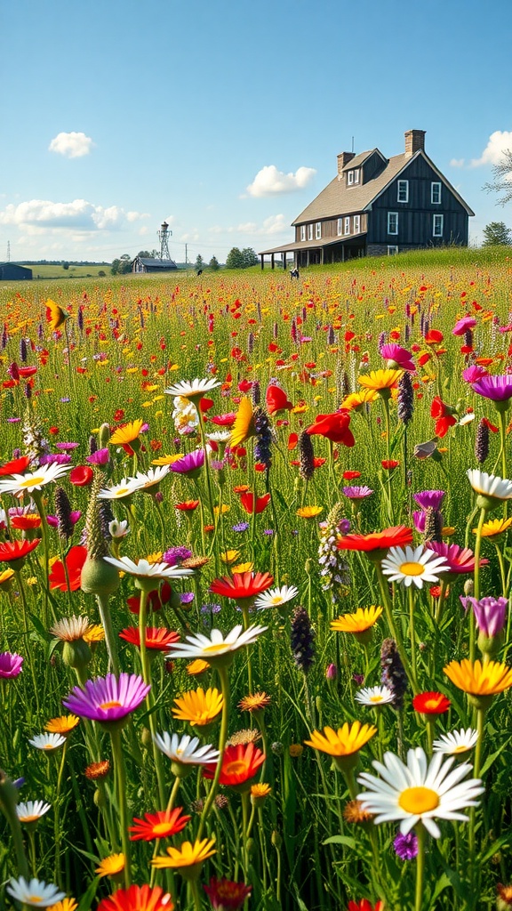 A colorful wildflower meadow in front of a farmhouse under a blue sky.