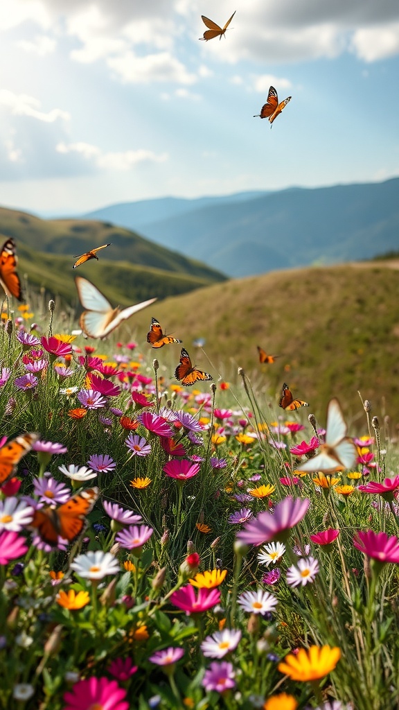 A colorful wildflower meadow with butterflies, showcasing a vibrant landscape on a hillside.