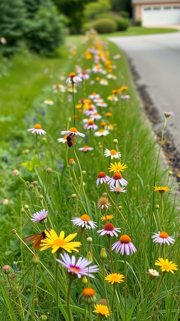 A vibrant wildflower meadow with butterflies, blooming along a driveway.