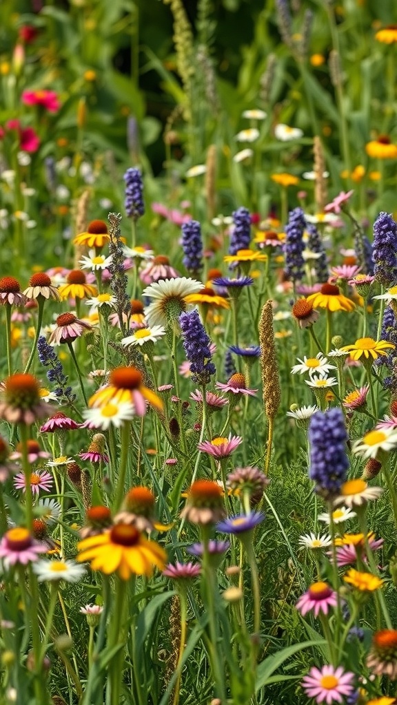 A vibrant wildflower meadow with various colorful flowers, showcasing a natural garden aesthetic.