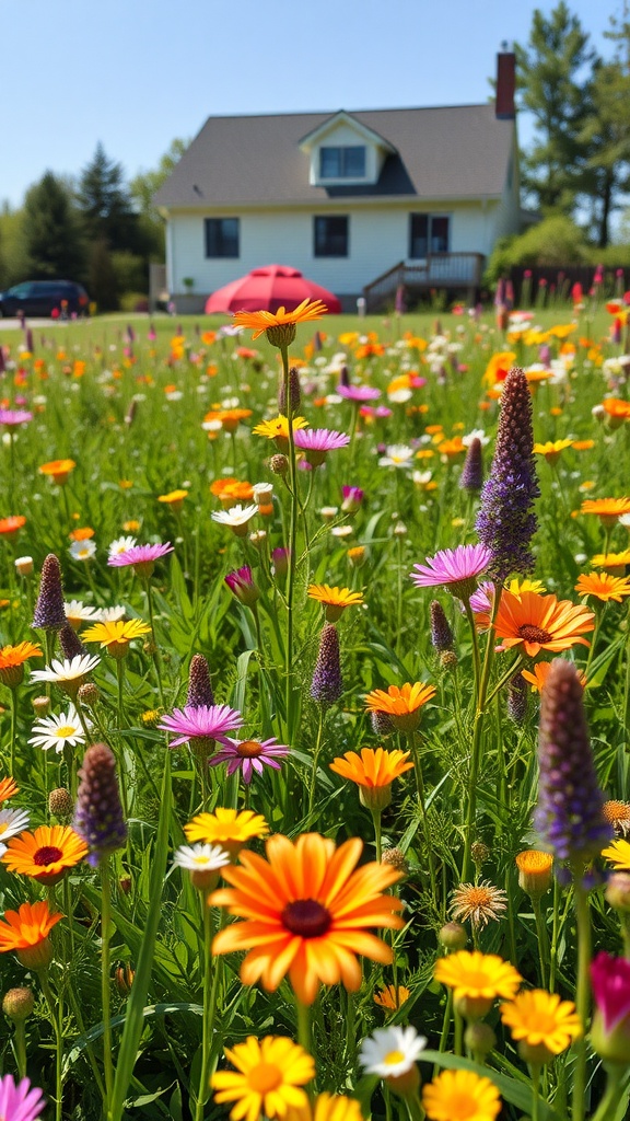 A vibrant wildflower meadow filled with colorful flowers like daisies and gerbera daisies.