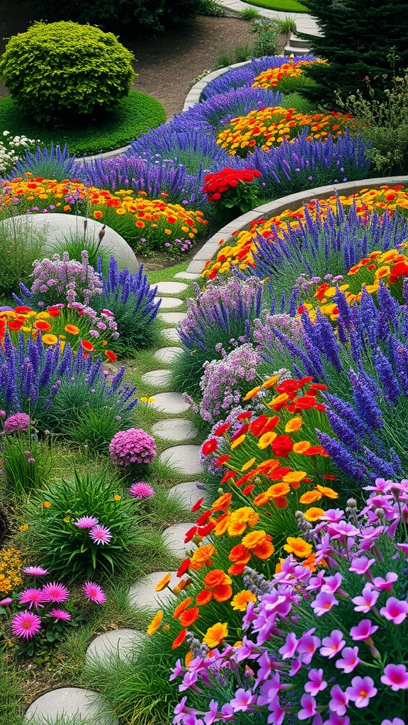 A colorful sloped backyard with wildflowers and stepping stones.