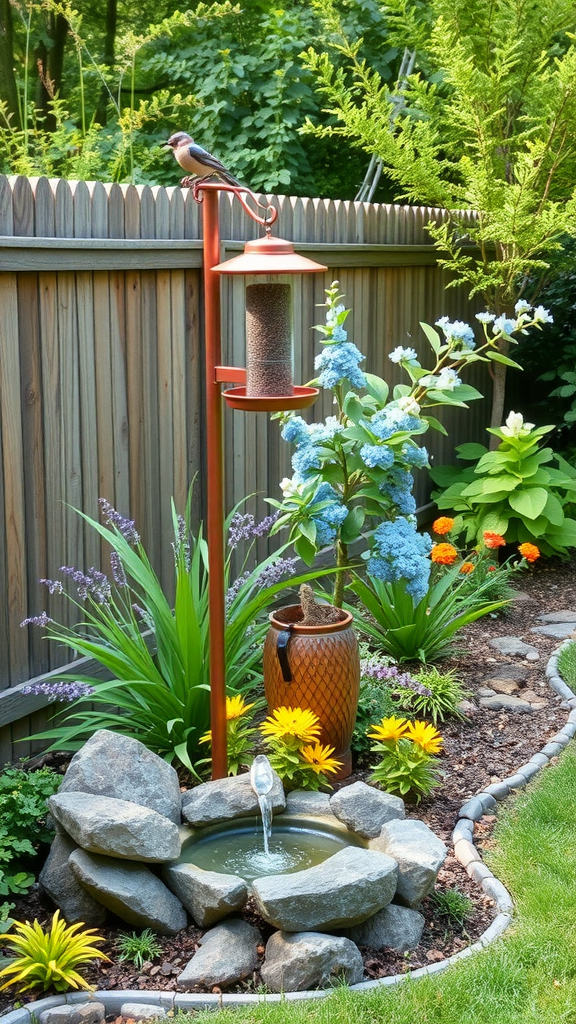 A beautiful side yard featuring colorful flowers, a stone pathway, and a birdbath surrounded by greenery.