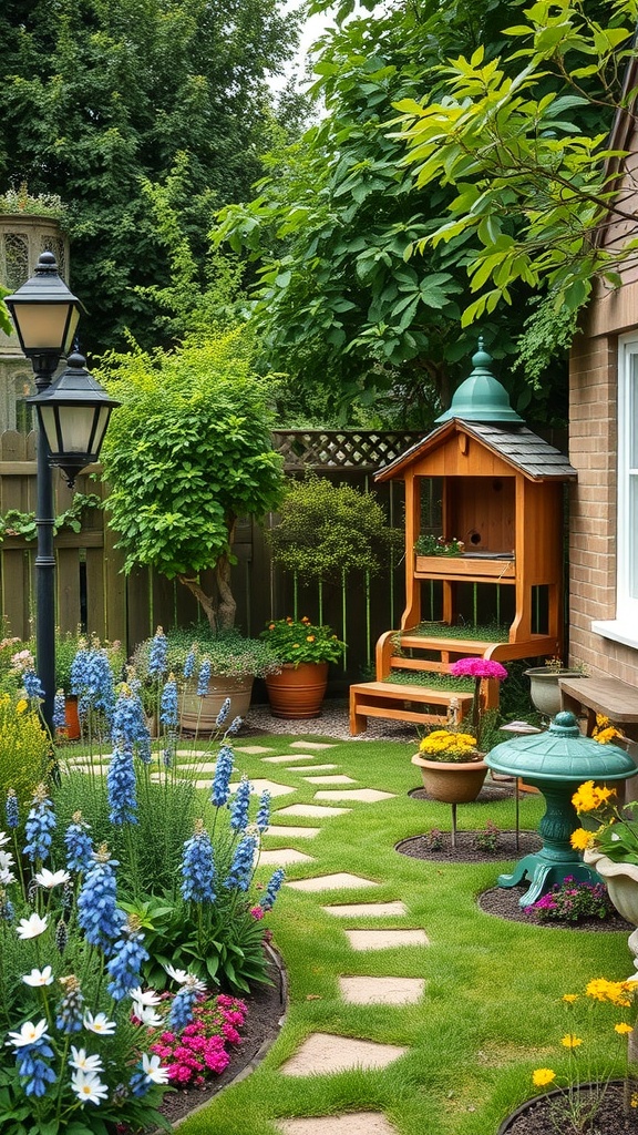 A colorful cottage garden with blue flowers, stone pathways, a wooden birdhouse, and greenery.