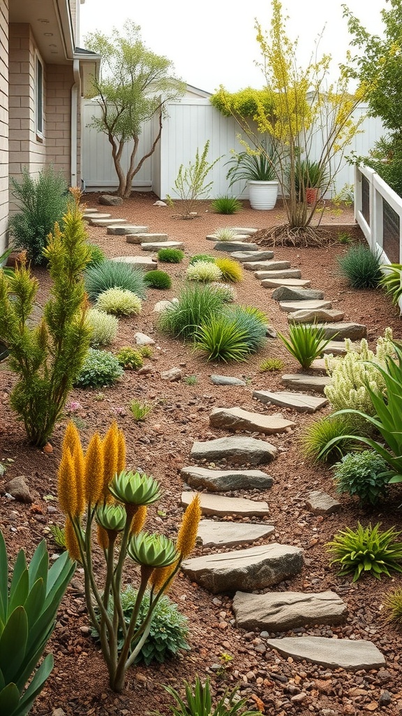 A landscaped sloped backyard with stone pathways and various plants.