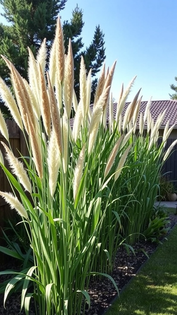 A cluster of tall grasses with feathery tops in a backyard setting.