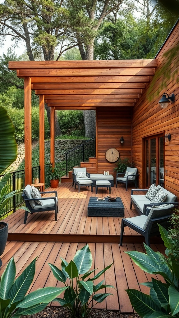 A wooden deck on a slope with seating and plants around it