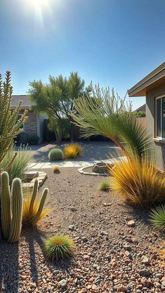 A xeriscaped garden featuring various drought-resistant plants under a sunny sky.