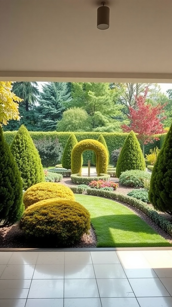 Beautifully landscaped garden featuring various boxwood varieties, colorful plants, and manicured grass.