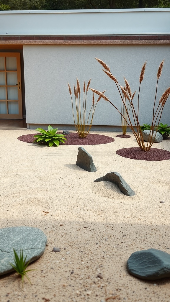 A serene zen garden with sand, rocks, and ornamental plants, showcasing calming design elements.