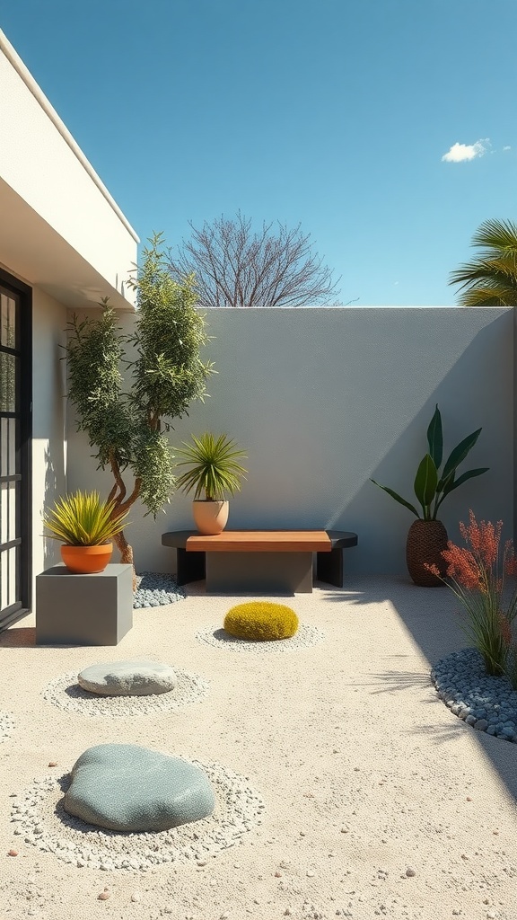 A serene patio garden featuring stones, plants, and a bench in a peaceful setting.