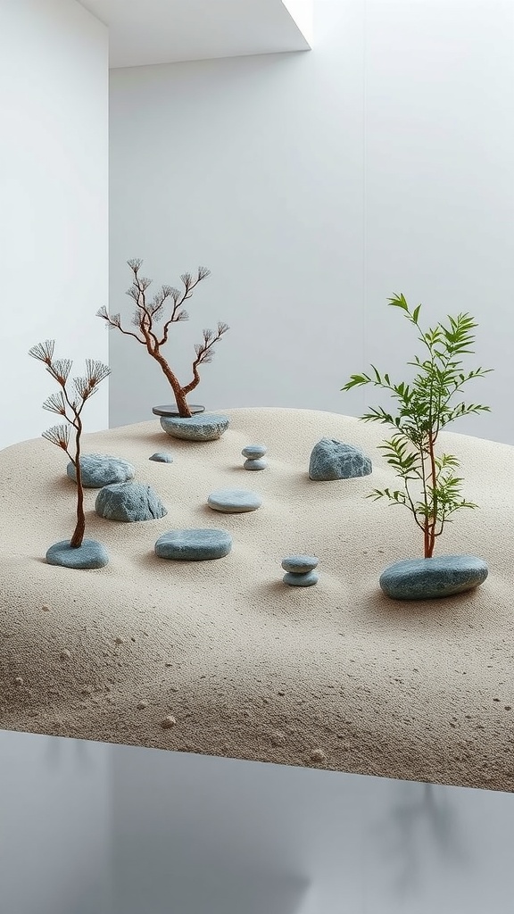 A serene Zen garden featuring rocks and small trees on a sandy surface.