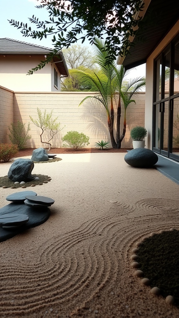 A serene zen garden with sand patterns, stones, and greenery