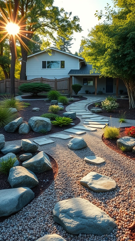 A peaceful zen garden with stone pathways and lush greenery