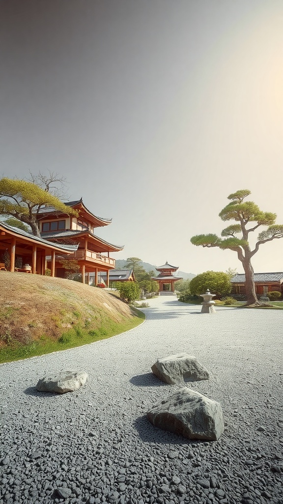 A serene Zen garden with traditional architecture, smooth rocks, and landscaped pathways.