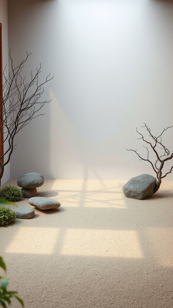 A serene Zen garden with smooth stones, minimal vegetation, and soft sand, illuminated by soft light.