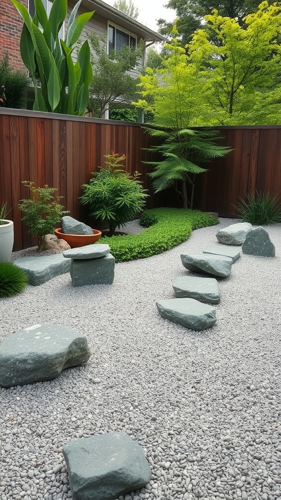 A serene Zen rock garden with various sizes of stones, gravel, and a green plant.