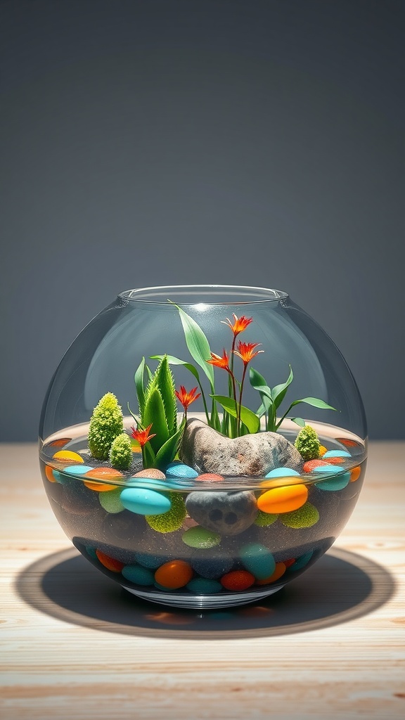 An aquatic mini garden in a glass bowl featuring colorful pebbles, plants, and smooth stones.