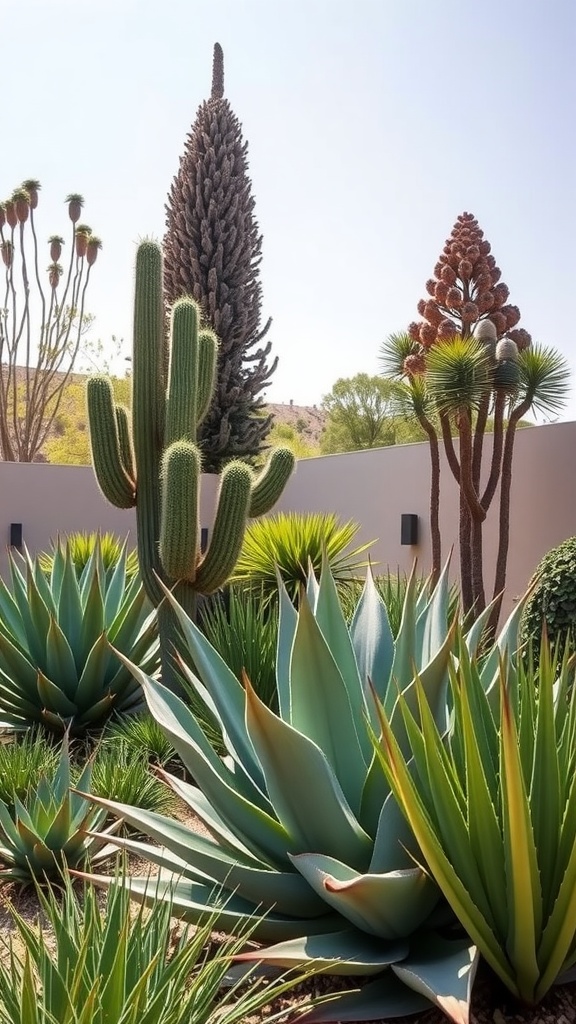 A low-maintenance landscape featuring various cacti and agave plants against a white wall.