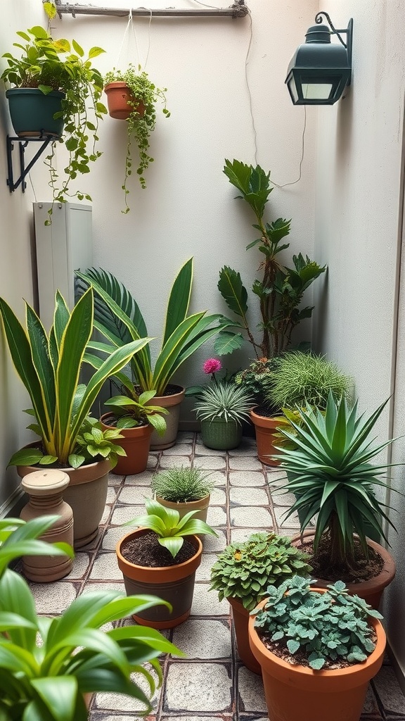 A small courtyard filled with various potted plants, showcasing artful arrangements and a well-lit atmosphere.