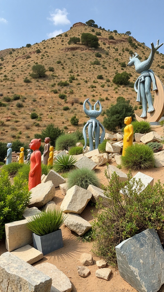 Three artistic sculptures on a steep hillside surrounded by grasses.