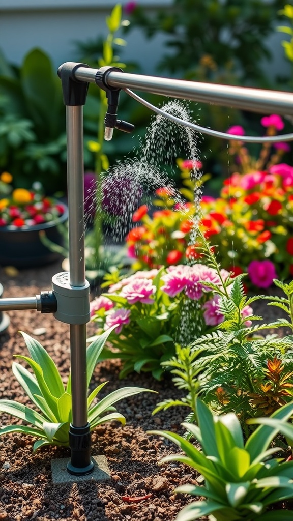 Automated irrigation system spraying water over colorful plants