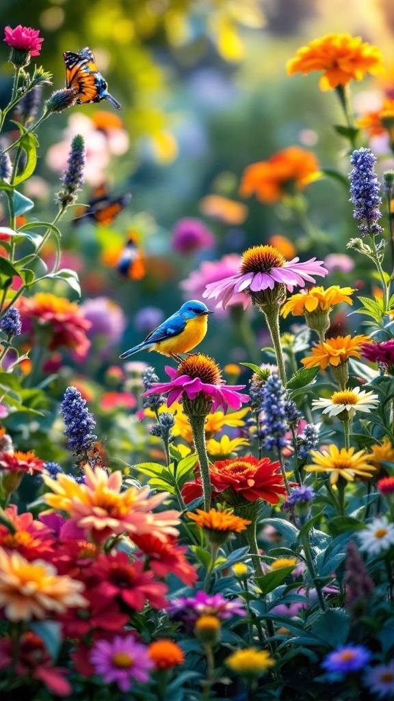 A colorful garden filled with flowers and a butterfly flying among them