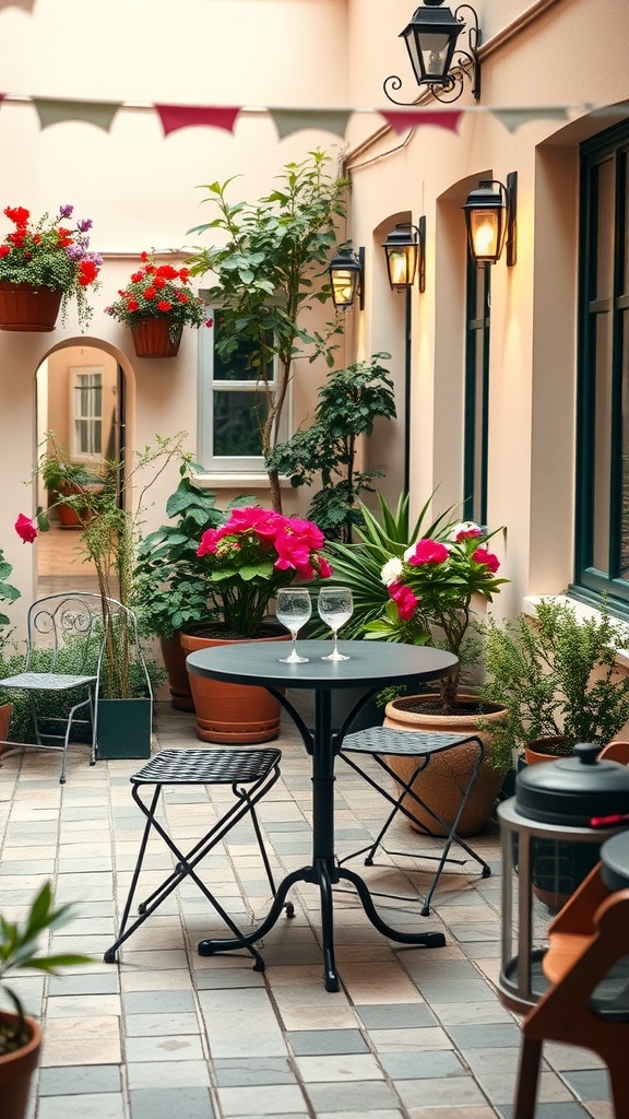 A cozy courtyard featuring a small black bistro table with two chairs, surrounded by colorful flowers in pots and wall-mounted lamps.