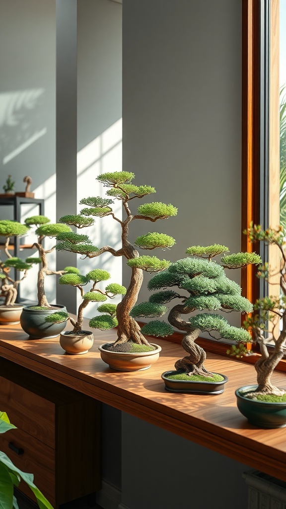 A beautiful display of various bonsai plants on a wooden table, bathed in sunlight.